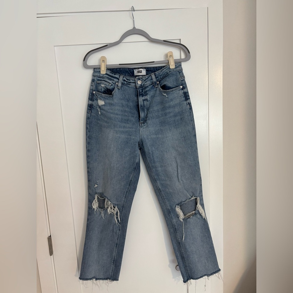 PAIGE Distressed Light Blue Straight Leg Jeans
